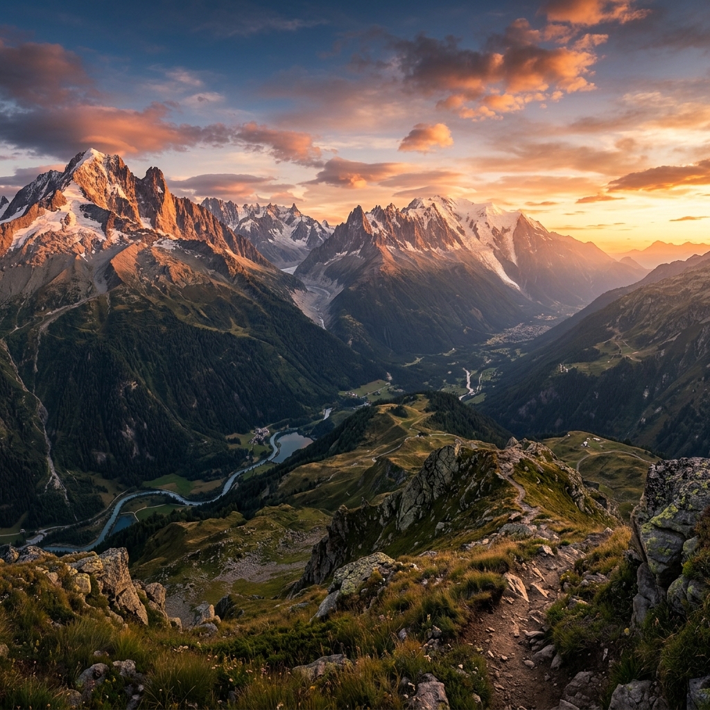 Epic mountain landscape at sunset, vast valleys, glowing light, highly detailed, no people